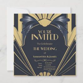 Elegant Art Deco Bröllop Design - flottan och Guld Inbjudningar