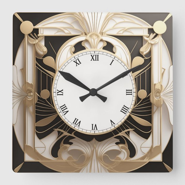 Elegant Art Deco Clock - Black and White Faux Guld Fyrkantig Klocka (Framsida)