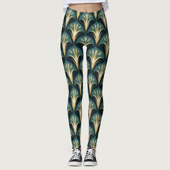 Elegant Art Deco Fläkt Mönster i Guld och Teal Leggings (Framsida)
