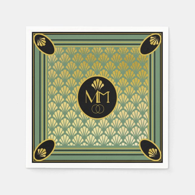Elegant Art Deco Fläkt Mönster Monogram Bröllop Pappersservett (Framsidan)