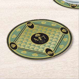 Elegant Art Deco Fläkt Mönster Monogram Bröllop Underlägg Papper Rund