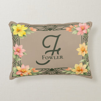 Elegant Art Deco Floral Monogram Family Name Prydnadskudde