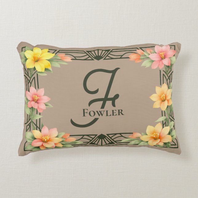Elegant Art Deco Floral Monogram Family Name Prydnadskudde (Framsidan)