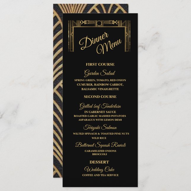 Elegant Art Deco Gatsby Dinner Meny (Fram/baksida)