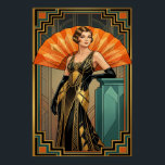 Elegant Art Deco Gatsby Kvinna Porträtt Guld Poster<br><div class="desc">Omfamna höjdpunkten av Jazz Age elegans med detta sofistikerade Art Deco porträtt av en kvinna i en pärlstavad klänning. Med en rik teal och guld färgpalett är hon placerad mot en massiv orange solstrålande fläkt. Lyxiga geometriska ramar formar detta stycke, vilket gör det till ett idealiskt val för ett lyxigt...</div>