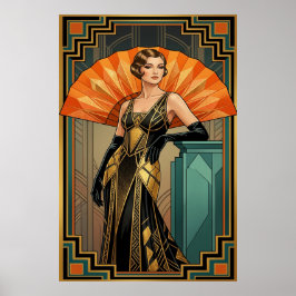 Elegant Art Deco Gatsby Kvinna Porträtt Guld Poster