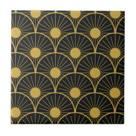 Elegant Art Deco Golden Abstrakt Sol på svart Kakelplatta