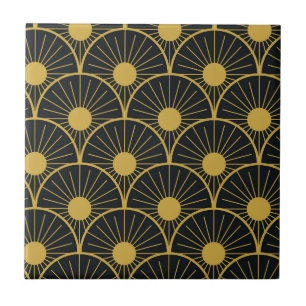 Elegant Art Deco Golden Abstrakt Sol på svart Kakelplatta