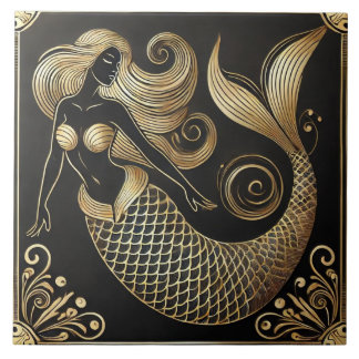 Elegant Art Deco Golden Sjöjungfru Kakelplatta