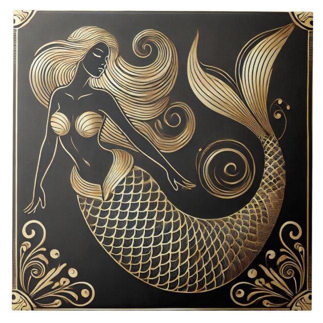 Elegant Art Deco Golden Sjöjungfru Kakelplatta (Framsidan)
