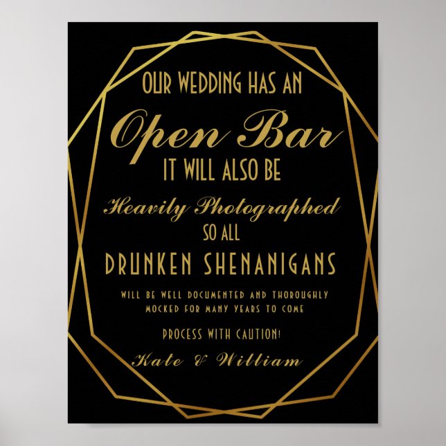 Elegant art deco Guld & Black Open Pub Poster (Framsidan)