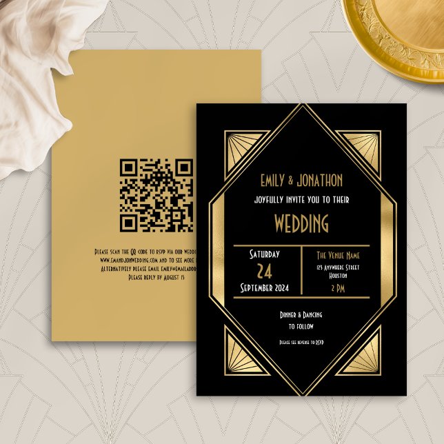 Elegant Art Deco Guld Black QR-kod Bröllop Inbjudningar (Front and back view)
