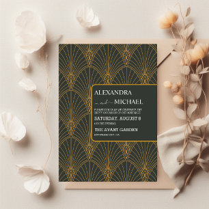 Elegant Art Deco Guld Grönt Bröllop Inbjudningar