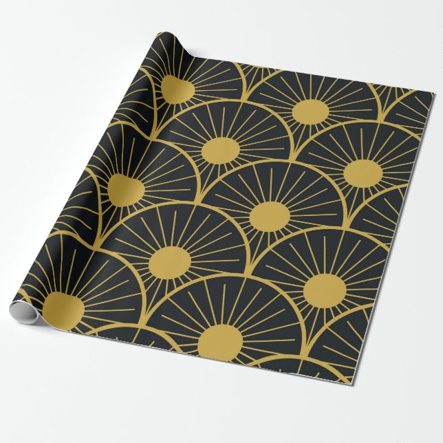 Elegant Art Deco guld solmönster på svart Presentpapper (Utrullad)