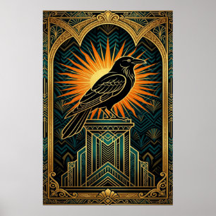 Elegant Art Deco-kråksilhuett guld och svart Poster