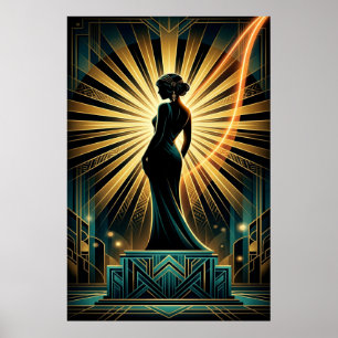 Elegant Art Deco Kvinna Guld Silhuett Affisch
