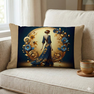 Elegant Art Deco-kvinna i guld och blått Lumbarkudde