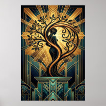 Elegant Art Deco Kvinna Träd Silhuett Svart Guld