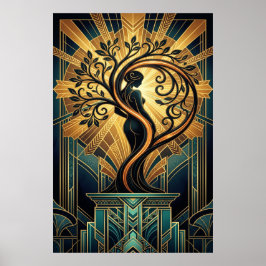 Elegant Art Deco Kvinna Träd Silhuett Svart Guld Poster