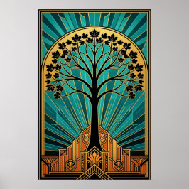 Elegant Art Deco Maple Tree Silhouette Gold Teal Poster