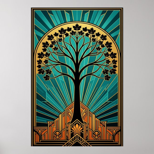 Elegant Art Deco Maple Tree Silhouette Gold Teal Poster (Framsidan)