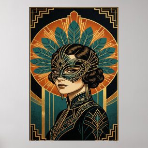 Elegant Art Deco Maskerad Kvinna Guld Teal Affisch