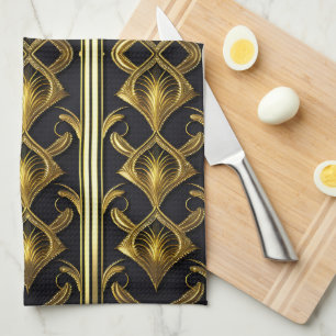 Elegant art deco mönster i svartvitt och guld kökshandduk