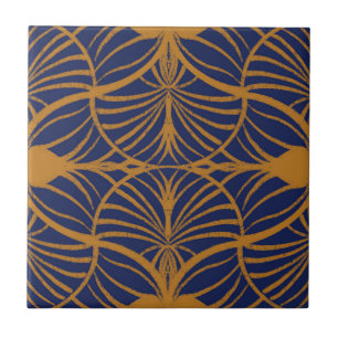 Elegant Art Deco Mustard & Cobalt Blue Scallops Kakelplatta