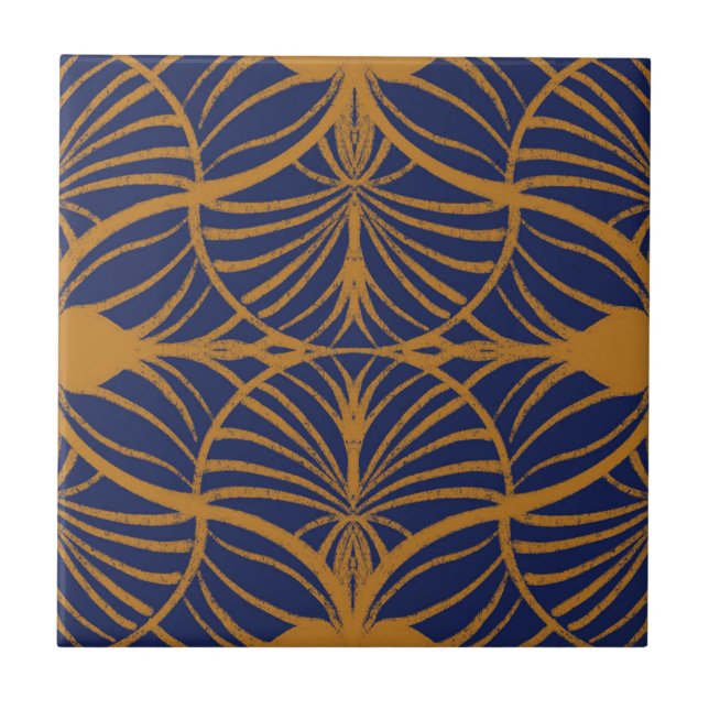 Elegant Art Deco Mustard & Cobalt Blue Scallops Kakelplatta (Framsidan)