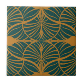 Elegant Art Deco Mustard & Teal Gouache Scallops Kakelplatta