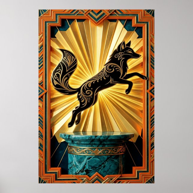 Elegant Art Deco Panter Siluett Svart Guld Poster (Framsidan)
