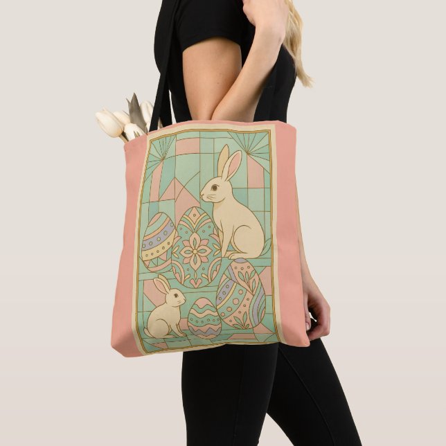 Elegant Art Deco Påsk - Geometric Pastel Bunnies Tygkasse (Närbild)