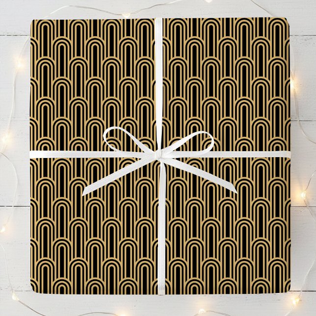 Elegant Art Deco Pattern Arches Black Gold Chic Presentpapper (Skapare uppladdad)