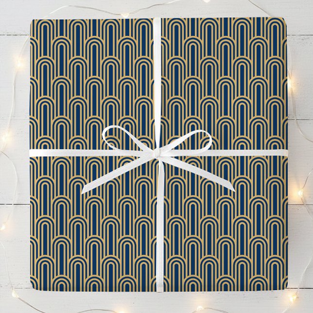 Elegant Art Deco Pattern Arches Navy Gold Chic Presentpapper (Skapare uppladdad)