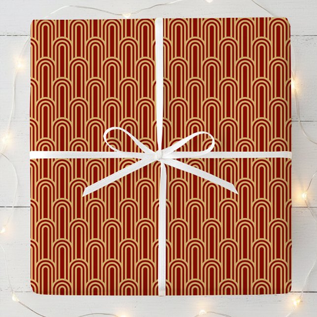 Elegant Art Deco Pattern Arches Red Gold Chic Presentpapper (Skapare uppladdad)