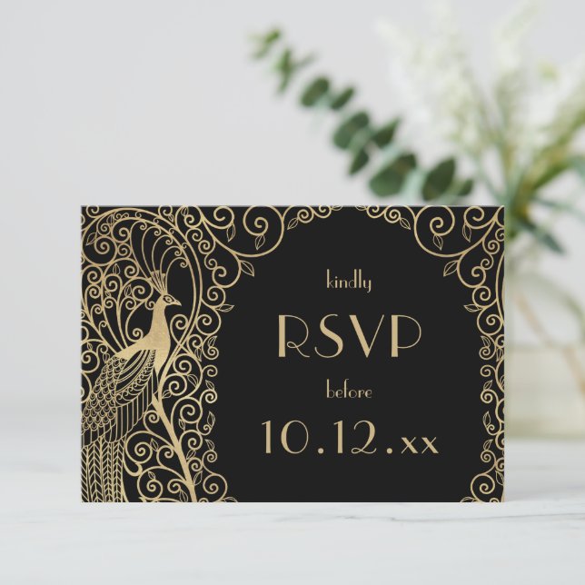 Elegant Art Deco Peacocks Guld OSA Inbjudningar (Stående Fram)