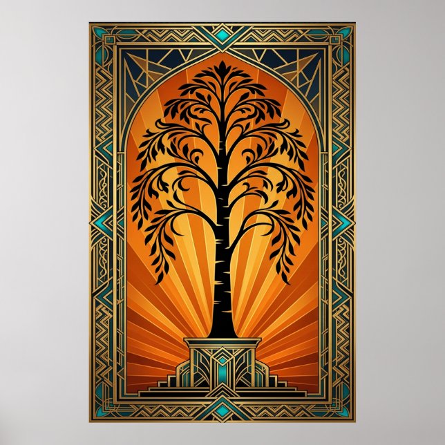 Elegant Art Deco Pilträd Solnedgång Guld Poster (Framsidan)