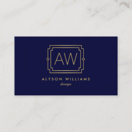Elegant Art Deco Professionell Monogram Navy/Guld Visitkort