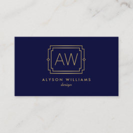 Elegant Art Deco Professionell Monogram Navy/Guld Visitkort