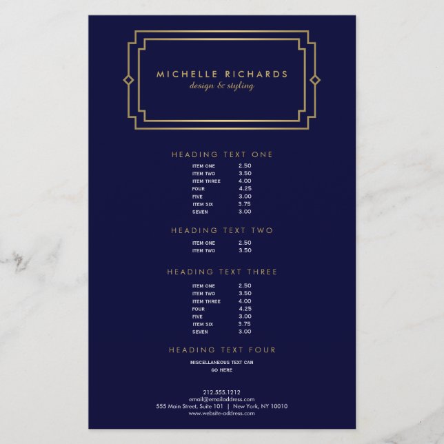 Elegant Art Deco Professionell Navy/Guld Flygblad (Framsidan)