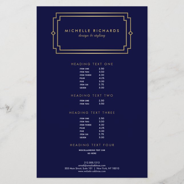 Elegant Art Deco Professionell Navy/Guld Flygblad (Framsidan)