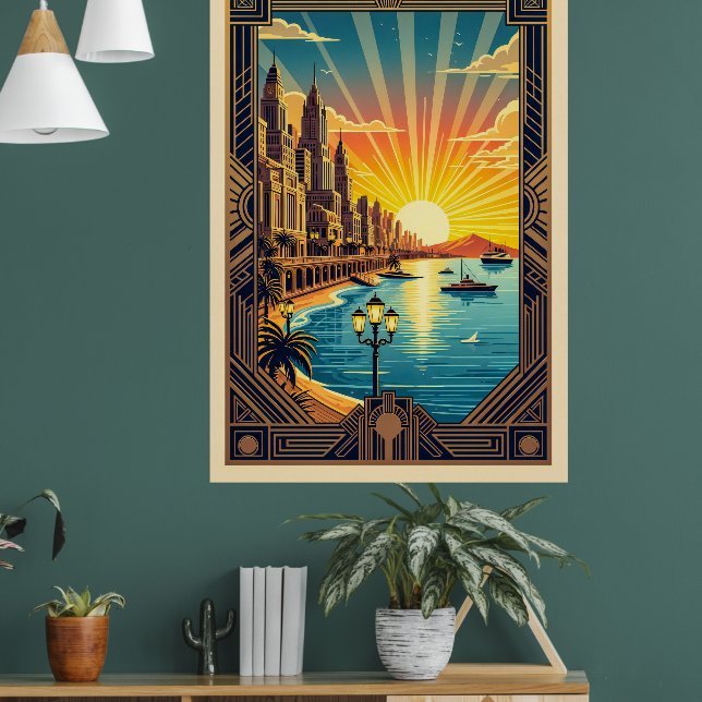 Elegant Art Deco Seaside Cityscape Poster (Vardagsrum 1)