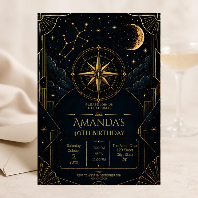 Elegant Art Deco Skytten 40-års födelsedagsfest Inbjudningar (Dark Art Deco Sagittarius zodiac 40th birthday invitation with celestial details and elegant moody)