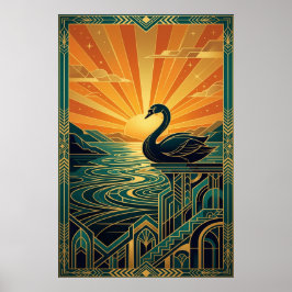 Elegant Art Deco Svan Solnedgång Sjön Poster