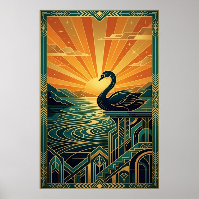 Elegant Art Deco Svan Solnedgång Sjön Poster (Framsidan)