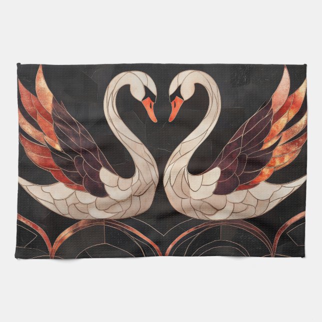 Elegant Art Deco Svanar bildar ett hjärta Kökshandduk (Horisontell)