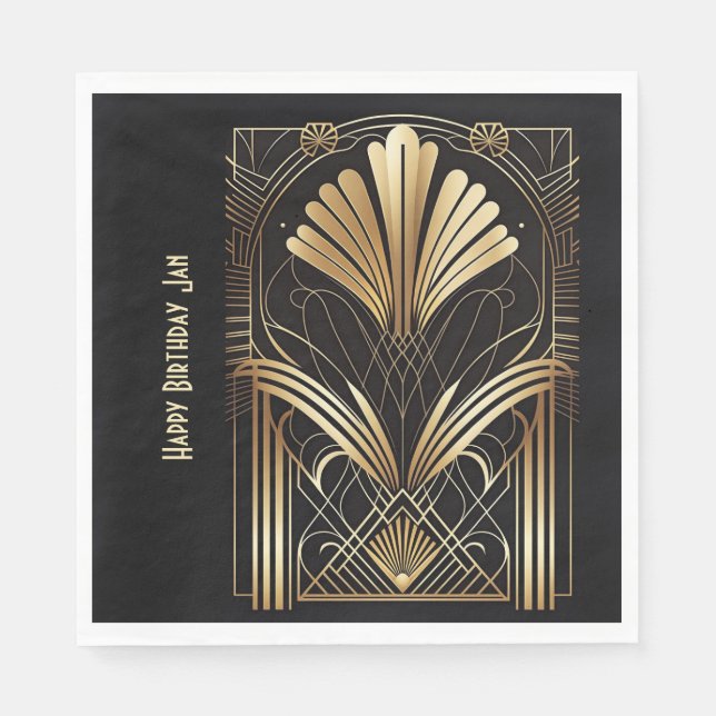 Elegant art-deco svart och guld napkin-personlig pappersservett (Framsidan)