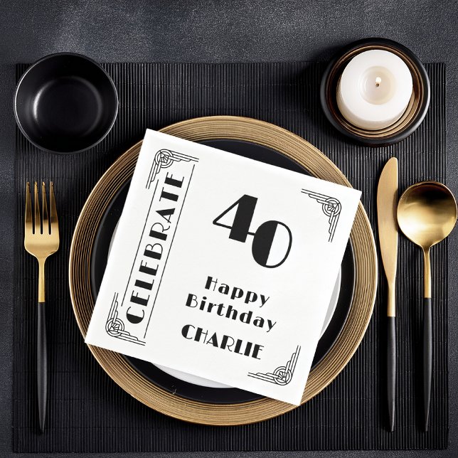 Elegant Art Deco Svart & Vit 40-årsfest Pappersservett (Elegant Art Deco 40th Birthday Party Black and White Paper Party Napkins)