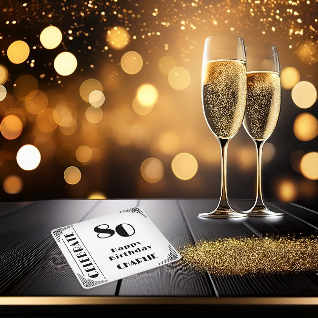Elegant Art Deco Svart & Vitt 80-årsfirande Underlägg Papper Kvadrat (Elegant Art Deco 80th Birthday Party Black and White Paper Party Coasters)