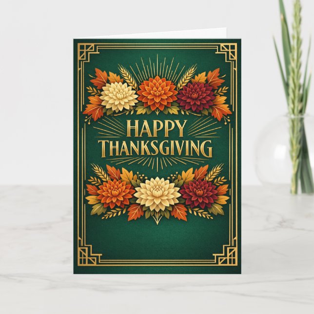 Elegant Art Deco Thanksgiving Blommig Hälsning Helgkort (Framsida)
